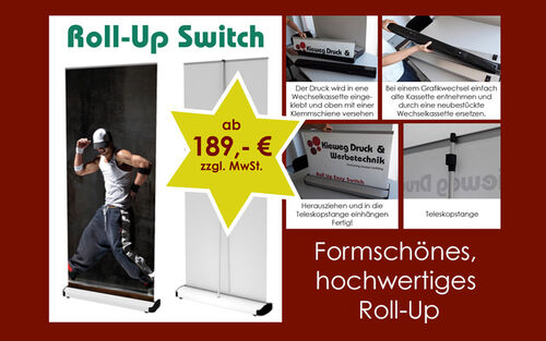 Displaysysteme: Roll Up Switch - Angebot. Produziert von der Firma Kieweg Druck & Werbetechnik aus Passau, in Bayern.